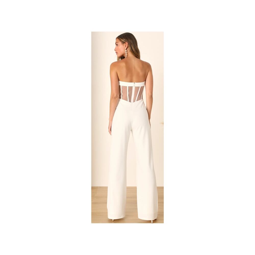 Lulus Fashionista Nights Ivory Strapless Bustier Wide-Leg Jumpsuit Medium Bridal